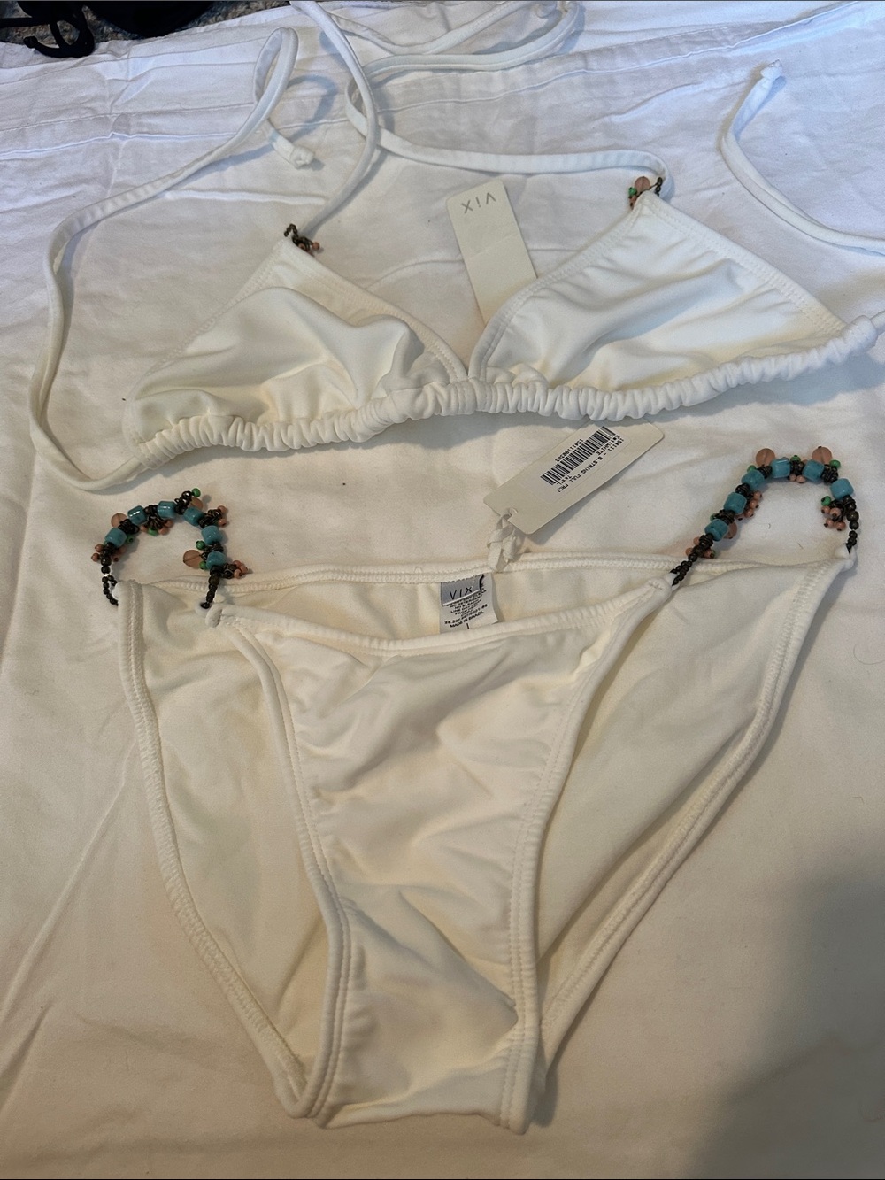 Vix White Triangle Beaded String Bikini with Turquoise Accents